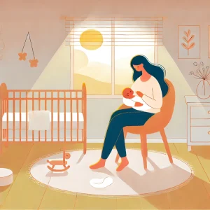 A-serene-and-warm-illustration-depicting-the-postpartum-period.-The-scene-shows-a-mother-gently-cradling-her-newborn-baby-in-a-cozy-softly-lit-room.-