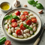 Abnehmen nach Schwangerschaft: A-simple-dish-of-white-giant-beans-with-tomatoes-and-basil.-The-cooked-beans-are-mixed-with-halved-cherry-tomatoes-finely-chopped-garlic-and-fresh-b