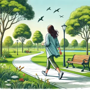 An-illustration-of-a-woman-walking-on-a-scenic-path-through-a-park.-The-path-is-surrounded-by-lush-green-grass-trees-with-leaves-and-a-few-flowers.-