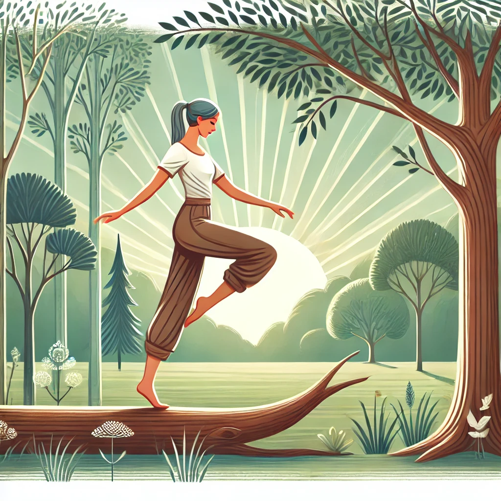 Tiefenmuskulatur trainieren: An-illustration-of-a-woman-in-normal-clothing-slightly-lifting-one-leg-while-balancing-on-a-tree-trunk-in-a-serene-natural-setting.