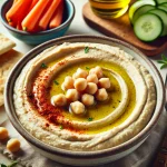 Kichererbsenpueree-A-bowl-of-creamy-chickpea-puree-hummus-garnished-with-a-drizzle-of-olive-oil-a-sprinkle-of-paprika-and-a-few-whole-chickpeas-on-top.-The-hummus-i